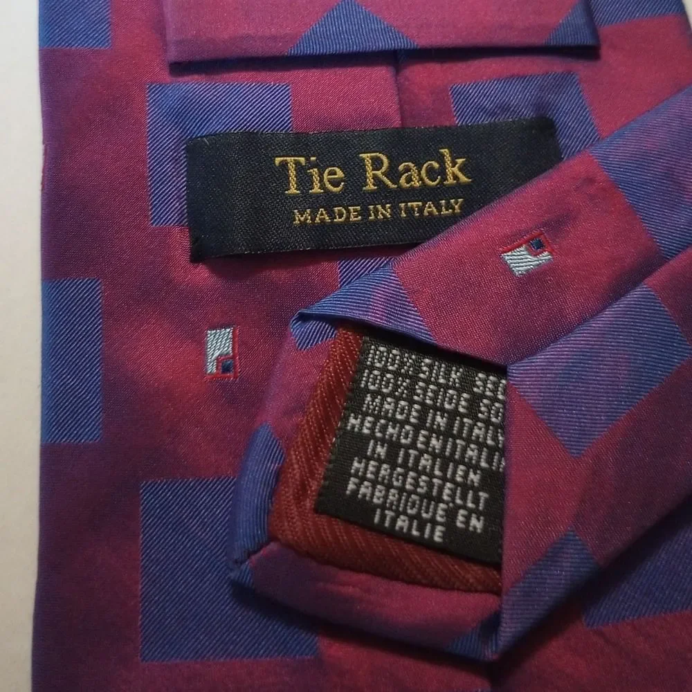 Tie Rack Mens Silk Necktie Burgundy Blue Geometric Square Made in Italy Classic